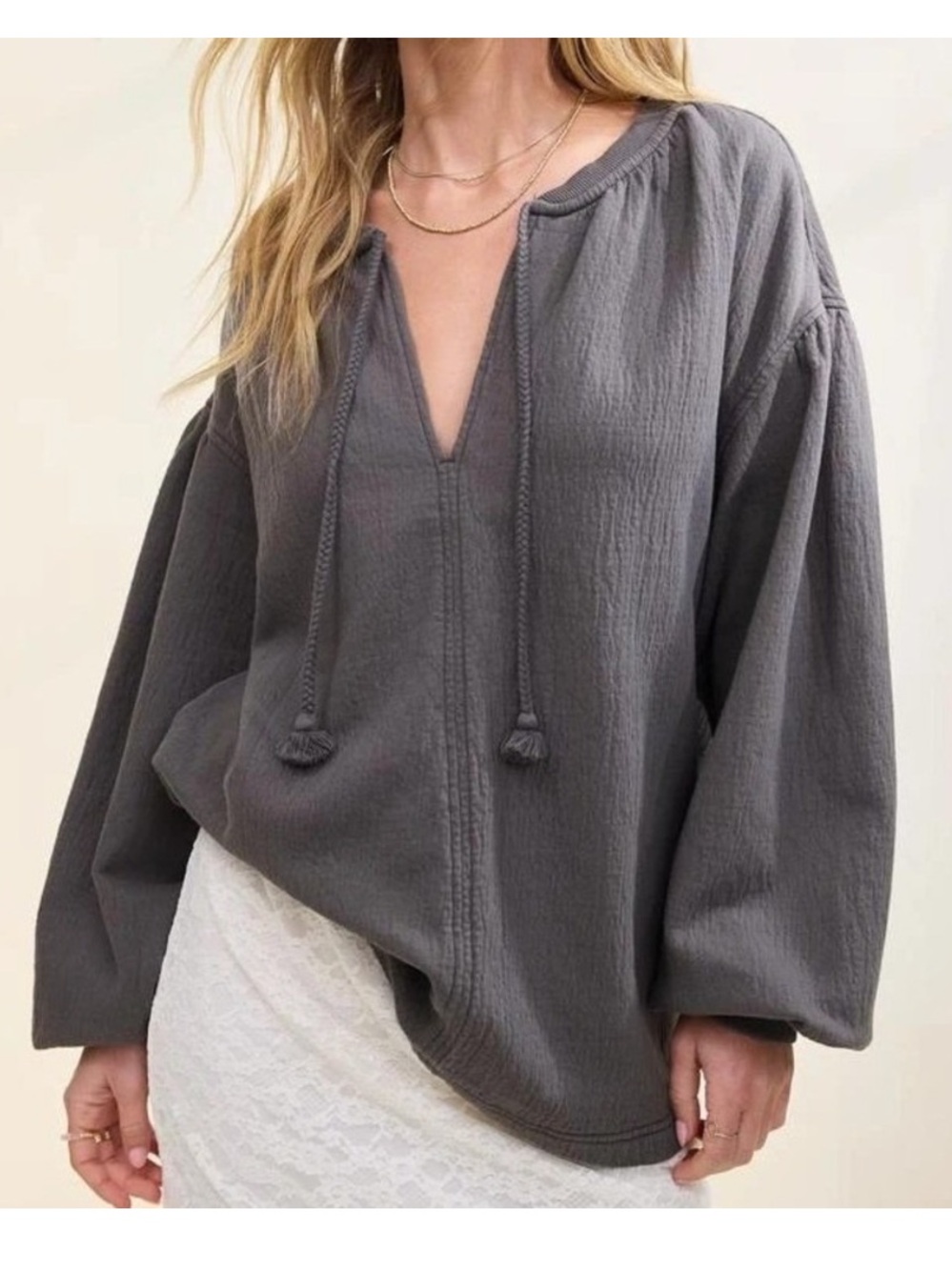 Aerie Easy Street Oversized Sweatshirt Size XL Tie Neck Long Sleeve Gray Relaxed